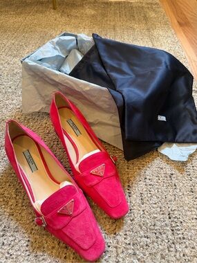 Prada Hot Pink Suede CALZATURE DONNA Loafers with Logo Plaque